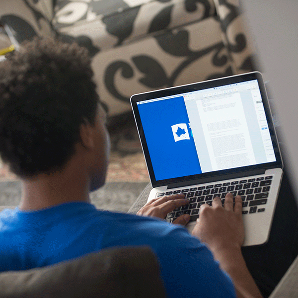 A male student wearing a blue shirt, shown from behind, types on a laptop