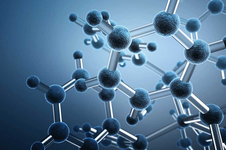 An image of blue-gray chemical molecules linked together