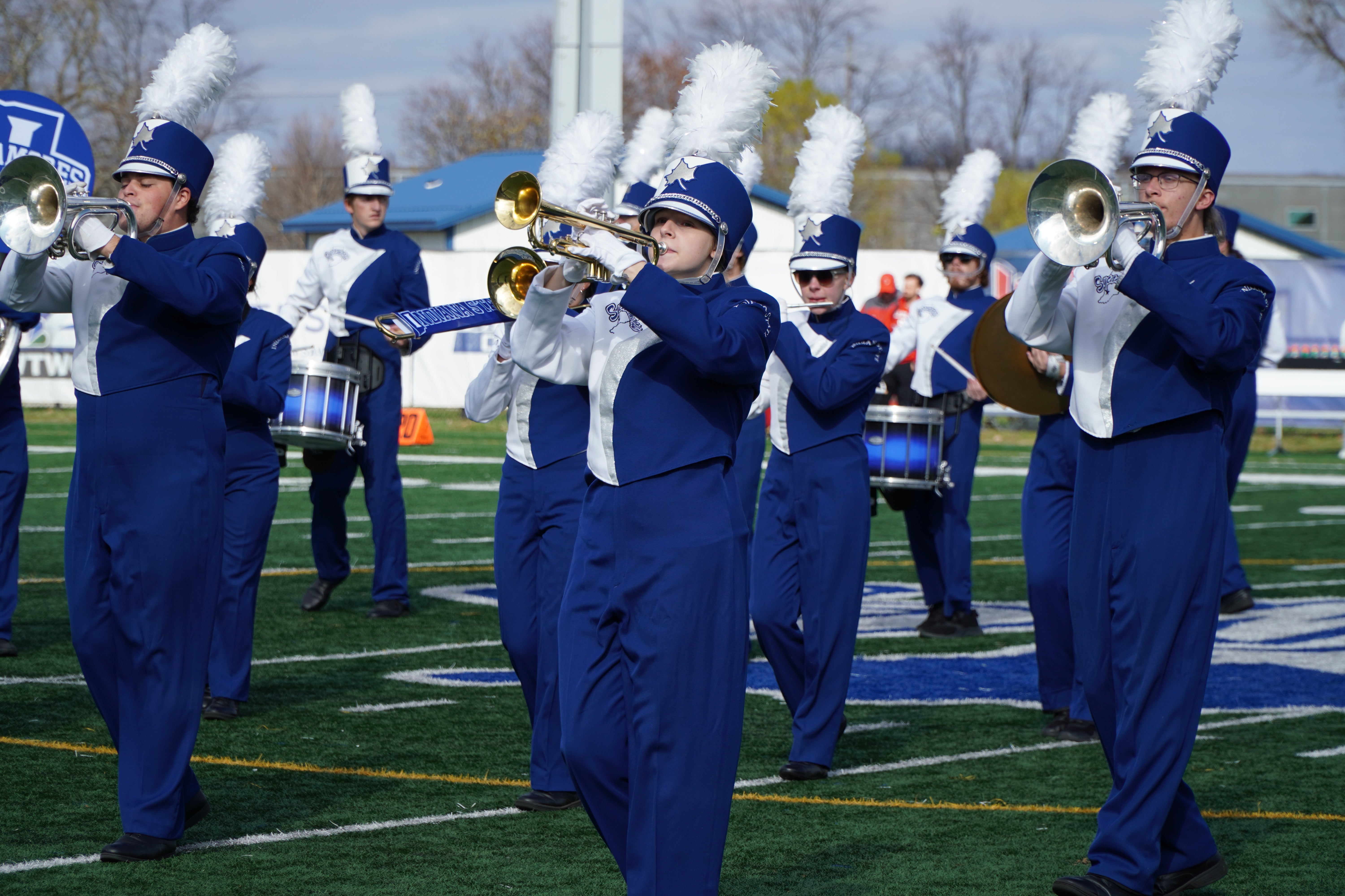 The Marching Sycamores Band marching.