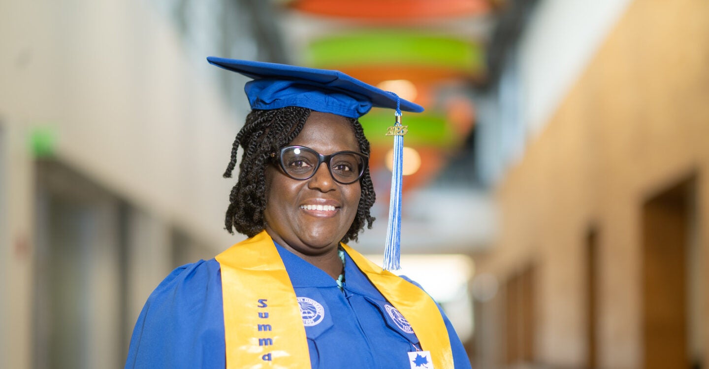 Angella Ogalo, '23, returned to college after taking time away to raise a family. Now, she completed her online bachelor's degree in leadership and professional development while working full-time for the Community Service Board in the government office of Fairfax County, Virginia. Ogalo credits her family and employers, and her faculty at Indiana State, with helping her realize her potential as a college graduate and working professional.
