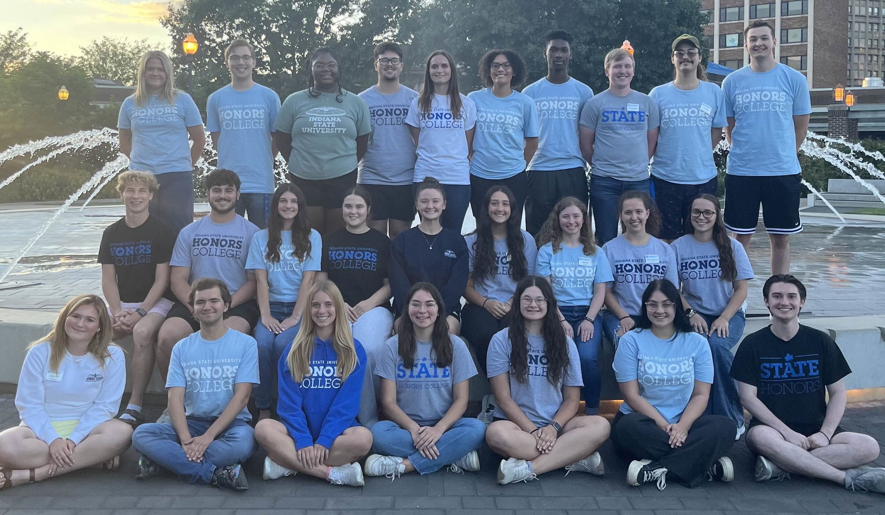 Fall 2025 Honors Council Group photo of 26 Honors Council members in front of the Indiana State University Fountain