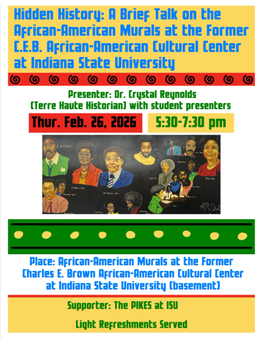 Poster for a bried talk on the african-american murals at the former C.E.B. African-American Cultural Center at Indiana STate University.