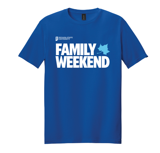 Blue Indiana State University Family Weekend T-shirt with white “FAMILY WEEKEND” text and a light blue sycamore leaf graphic on the front.