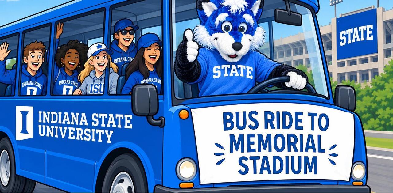 Illustration of Indiana State University’s mascot driving a blue campus shuttle bus with students onboard. The bus displays a sign reading “Bus Ride to Memorial Stadium,” with campus buildings visible in the background.