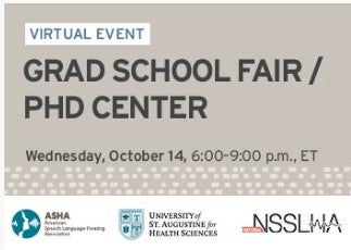 A promotional graphic for a Grad School Fair/PHD Center on Wednesday, October 14, from 6:00-9:00 p.m., ET. The graphic contains logos. 