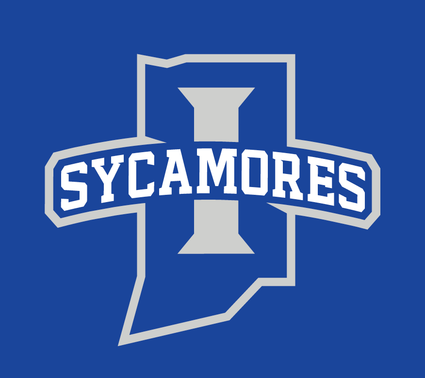 Blue background with a gray outline of Indiana state and a large gray letter I, with the word SYCAMORES in white bold letters across the center.