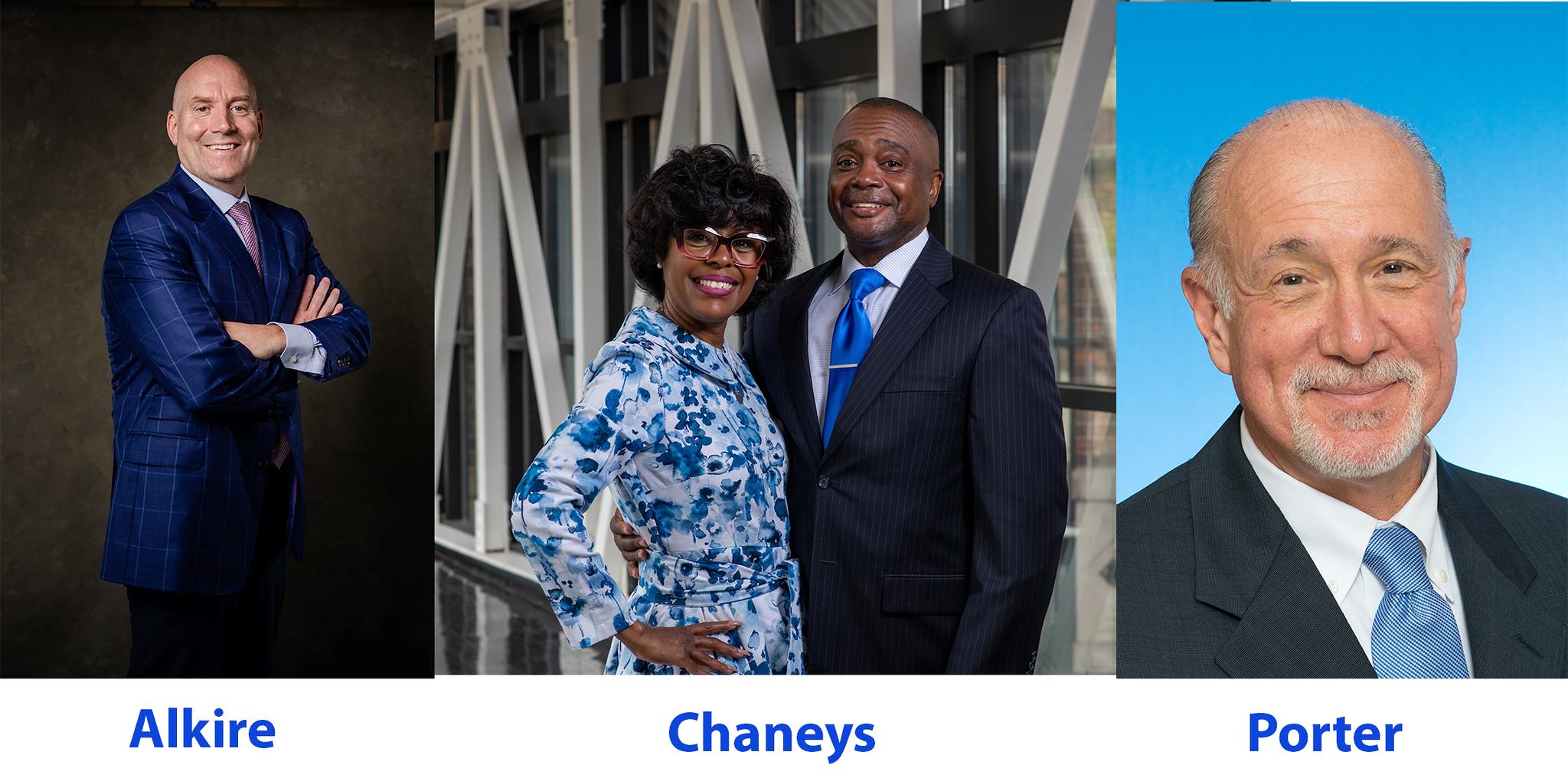 Three portraits side by side: a man in a blue checked suit with arms crossed, a smiling couple with the woman in a blue floral dress and the man in a dark suit 
