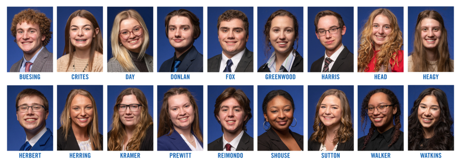 Eighteen students in formal attire smiling in individual headshots arranged in two rows against a blue background.