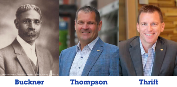 Three portraits side by side: a vintage photo of a man with a mustache in a suit, a middle-aged man in a blue blazer, and a smiling man in a gray suit.