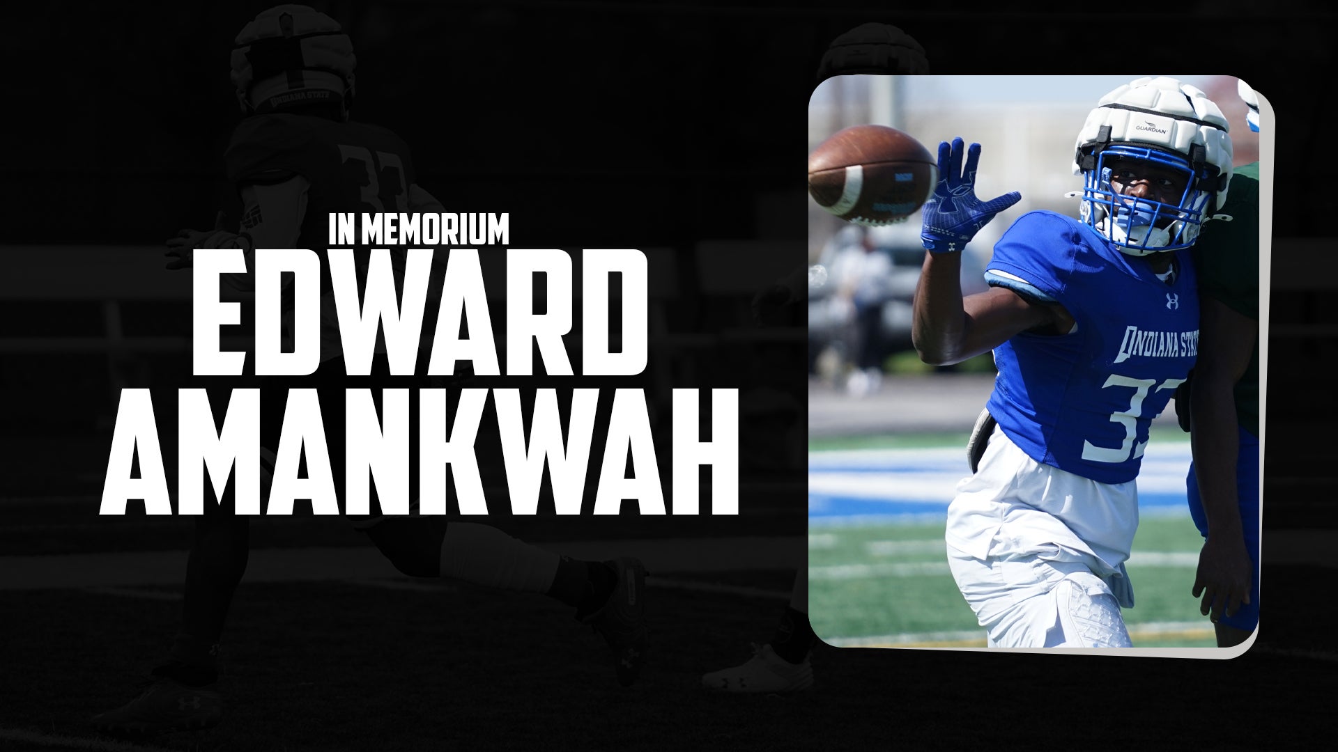 Football player in blue Indiana State uniform and white helmet throwing a football on a sunny field.