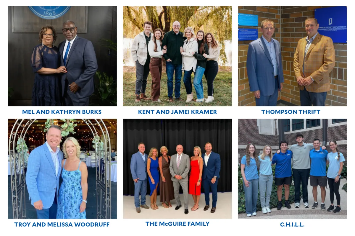 This image features several groups of people in various settings. Each group is labeled with a name: Mel and Kathryn Burks, Kent and Jamei Kramer, Thompson Thrift, Troy and Melissa Woodruff, The McGuire Family, and C.H.I.L.L. The backgrounds include greenery, indoor settings, and a floral archway.