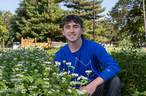 “Portrait of a man wearing a blue long-sleeve shirt, crouching outdoors among flowers with trees in the background.”